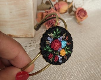 OOAK embroidered bracelet, cuff bangle bracelet, hand embroidery bracelet, adjustable embroidery bracelet, in vintage style,