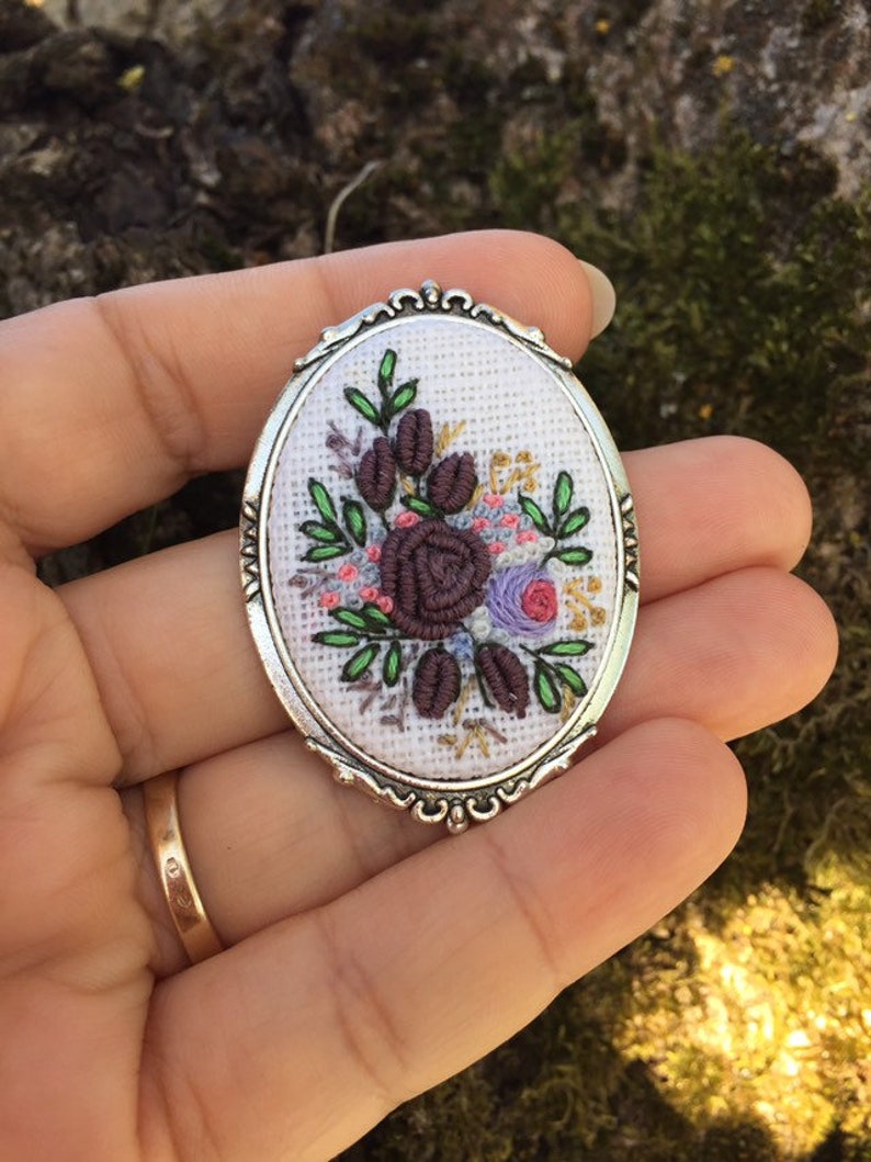 Hand embroidered brooch. Retro brooch. Romantic jewelry. Etsy