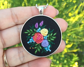 Big embroidered round medallion, gift for friend, Embroidered botanical pendant, silver tone, needlework, embroidered roses necklace,