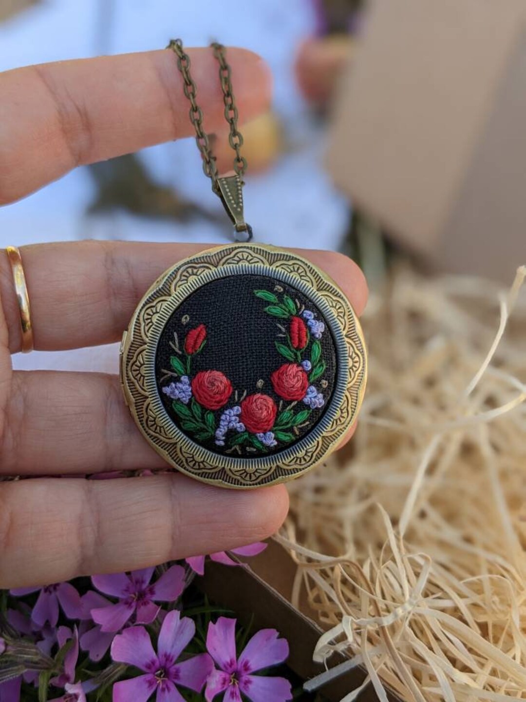 Embroidered Pendant Red Roses Necklace Big Locket Pendant 