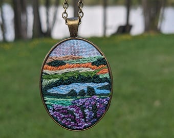 Moor meadow necklace, Embroidered Landscape pendant, Embroidered moor landscape, embroidery hearthe pendant, art gift for nature lovers,