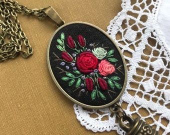 Tassel necklace, embroidered pendant, black, red roses, needlework, romantic jewelry, embroidery jewelry, micro embroidery, romantic style.