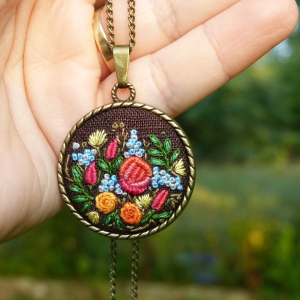 Floral embroidered necklace pendant Embroidered bronze tone Needlework Romantic roses  Hand embroidery