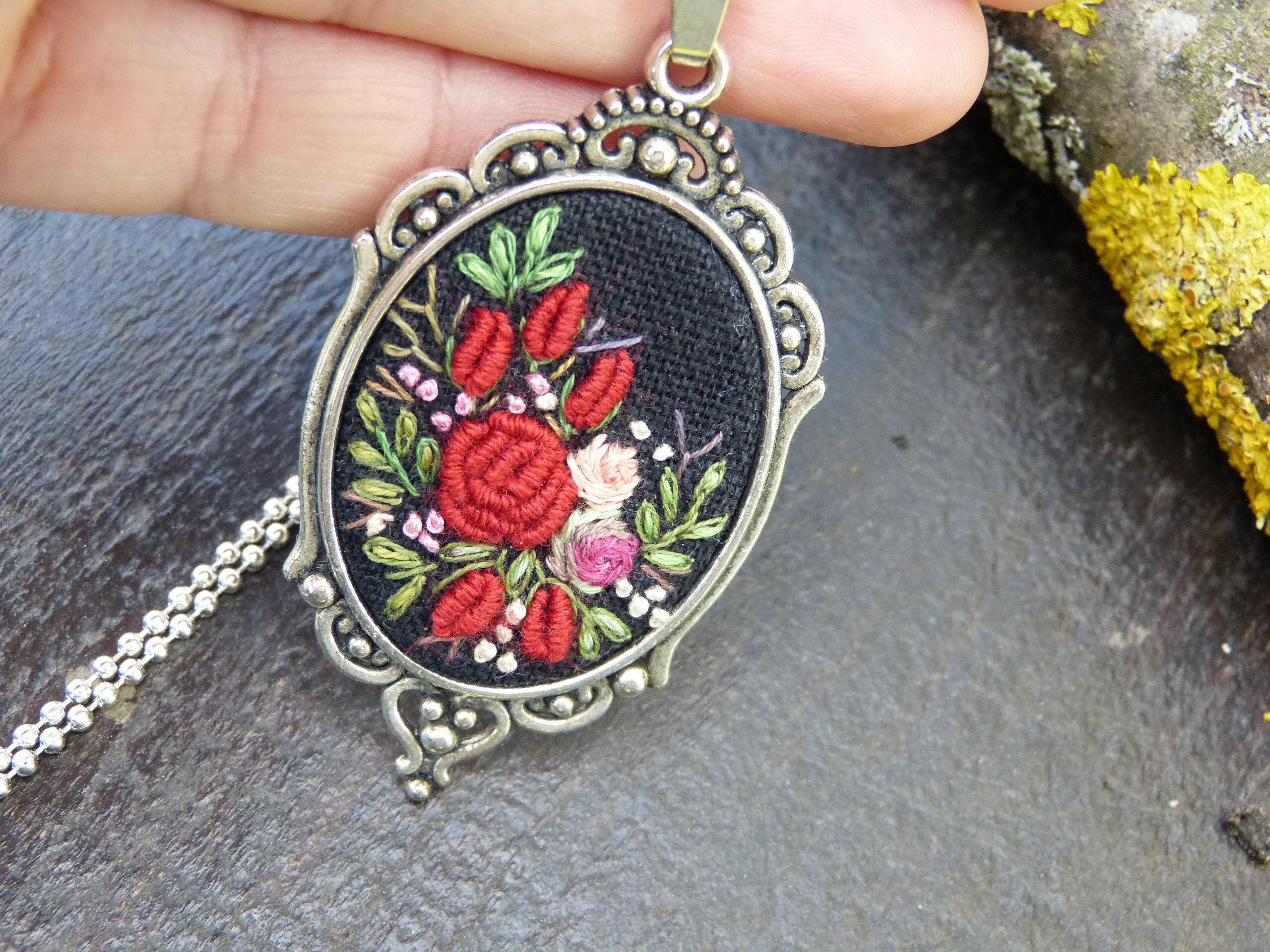 Luxury Embroidered pendant Victorian rose necklace Oval | Etsy