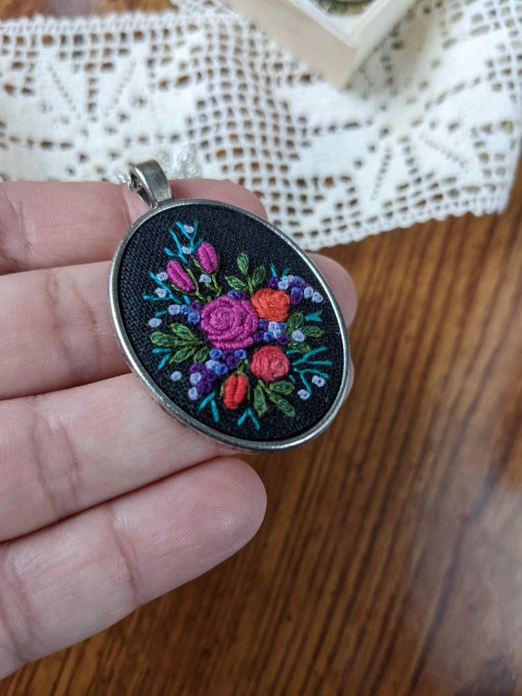 Hand Embroidered Pendant Flower Necklace Gift for Her - Etsy