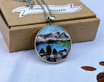 Embroidered mountains pendant necklace, mountain range necklace, gift for a Traveler, for mountains landscape lovers, landscape jewelry