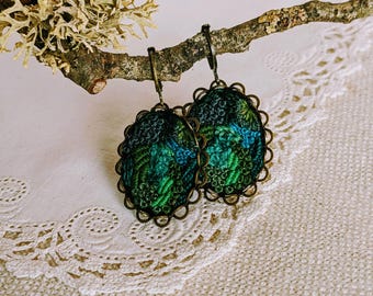 Moss Embroidered earrings, hand embroidery moss, forest earrings, tapestry jewelry, green moss jewelry, Unique Art earrings For Her