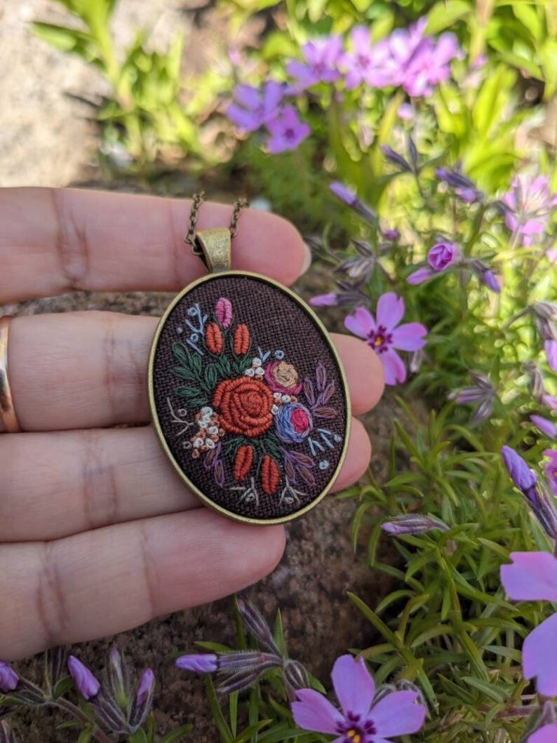 Bronze Flower Necklace. Hand Embroidered Pendant. Gift for Etsy UK