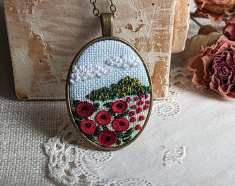 Embroidered poppies necklace, Floral pendant, Gift for her, Needlework, Brass Jewelry, Embroidery 3D, poppy meadow, hand - painted, bronze