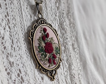 Embroidered Rose Pendant Necklace, Vintage Style Floral Jewelry, Pink Fabric Bronze Oval Locket, Romantic Cottagecore Gift for Her
