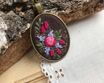 Red flower necklace. Hand embroidered pendant. Gift for her, luxury necklace. Needlework Jewelry Embroidered Pendant. Unique jewelry.
