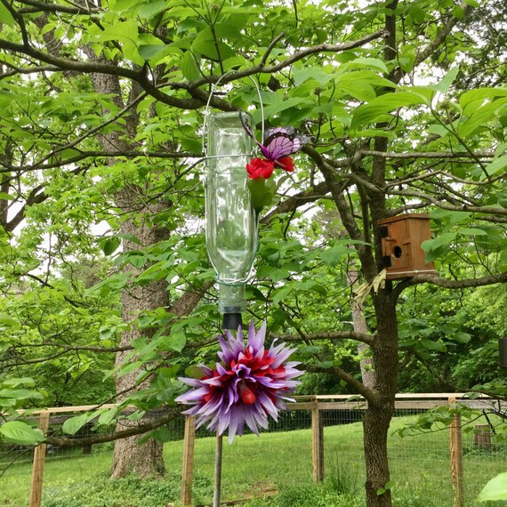 Upcycled Glass Bottle Hummingbird Feeder With Flower Hanging Etsy