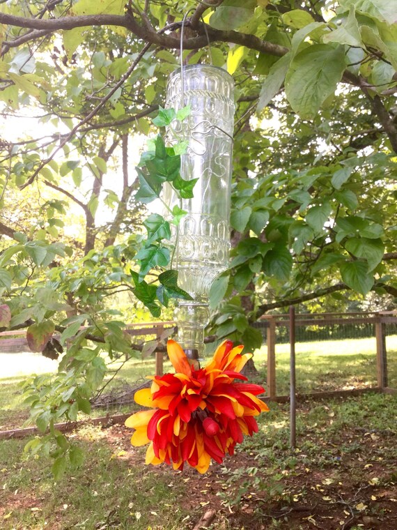 Upcycled Glass Bottle Hummingbird Feeder With Flower Hanging Etsy