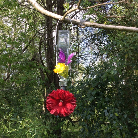 Upcycled Glass Bottle Hummingbird Feeder With Flower Hanging Etsy
