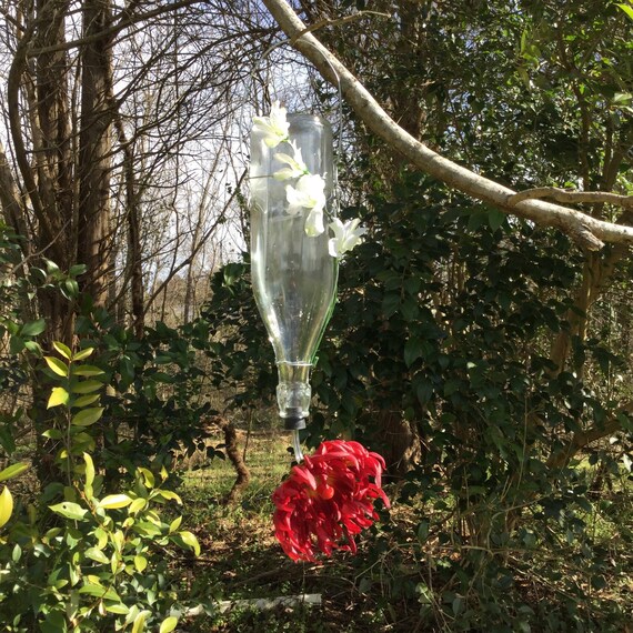 Upcycled Glass Bottle Hummingbird Feeder With Flower Hanging Etsy