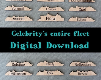 May include: A digital download of the Celebrity Cruises fleet, featuring the names of each ship: Silhouette, Edge, Constellation, Summit, Equinox, Xcel, Ascent, Flora, Eclipse, Solstice, Infinity, Reflection, Millennium, Apex, and Beyond.