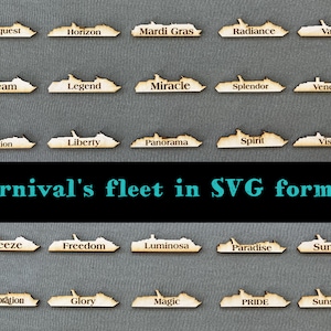 May include: A collection of wooden cruise ship cutouts with the names of various Carnival Cruise Line ships, including Conquest, Horizon, Mardi Gras, Radiance, Valor, Dream, Legend, Miracle, Splendor, Venezia, Elation, Liberty, Panorama, Spirit, Vista, Breeze, Freedom, Luminosa, Paradise, Sunrise, Celebration, Glory, Magic, PRIDE, and Sunshine. The text "Carnival's fleet in SVG format" is displayed below the cutouts.