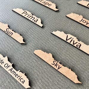 May include: Wooden cutouts with various words, including "Prima," "Sun," "Viva," and "Sky." The cutouts are light brown with black text and edges, arranged diagonally on a gray surface. The words are in a simple, sans-serif font.