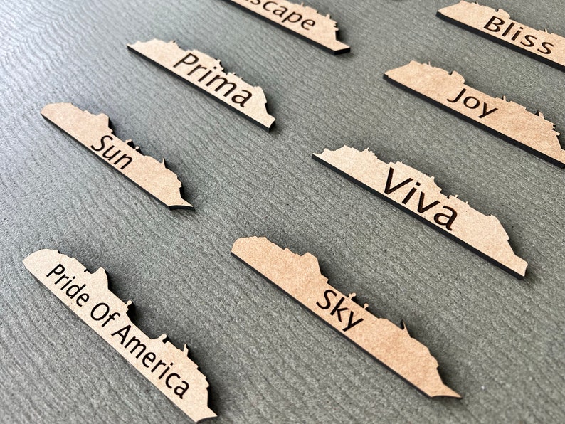 May include: Wooden cutouts with various words, including "Prima," "Sun," "Viva," and "Sky." The cutouts are light brown with black text and edges, arranged diagonally on a gray surface. The words are in a simple, sans-serif font.