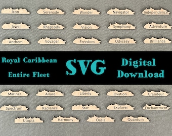 May include: A collection of 20 Royal Caribbean cruise ship names, each in a brown silhouette of a cruise ship. The names are arranged in four rows of five ships each. The text "Royal Caribbean Entire Fleet SVG Digital Download" is at the top of the image.