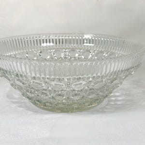 Federal Glass Cane & Button Bowl | Clear Pressed Glass Serving Dish | Mid Century Starburst Base
