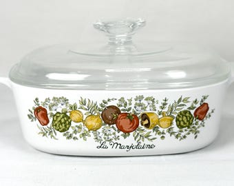 Vintage Corning Ware La Marjolaine 2 Qt Casserole Dish w Lid A-2-B French Vegetable Pattern Milk Glass Baking Dish Retro Kitchen
