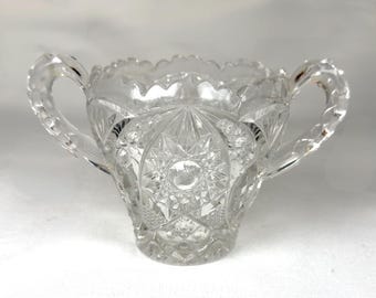Vintage EAPG Starburst Sugar Bowl | Double Handle Pressed Glass Dish