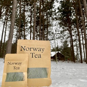 Puede incluir: Dos bolsas de papel marrón con ventanas transparentes, ambas etiquetadas con "Norway Tea". Las bolsas contienen agujas de pino secas. Las bolsas están sobre una superficie nevada con un bosque en el fondo.