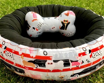 Red Carpet & Limos Dog Bed. Small Round Donut Bed with Memory Foam.