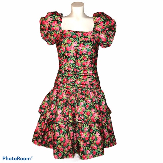 Vintage 80’s Puff Sleeve Ruched Layered Dress with