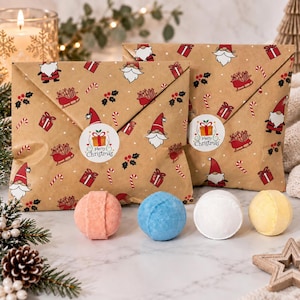 Mini-badbombsset för jul, 2 presentpåsar, 4 badbomber per påse