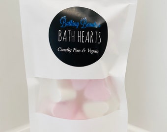 Bath Hearts Re-Sealable pouch, Rose Scent, Snowmusk Scent, Bath Fizzers, Beauty Gift, BIrthday Gift, Pink & White Hearts, Valentines Day