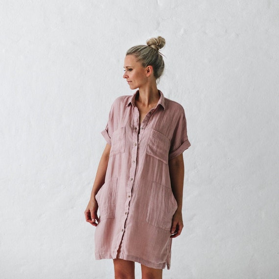 pink linen shirt dress