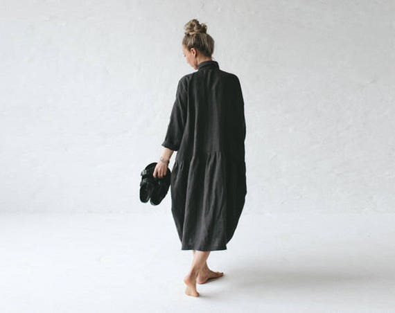LINEN dress OVERSIZED dark grey LOOSE gray tunic kimono | Etsy