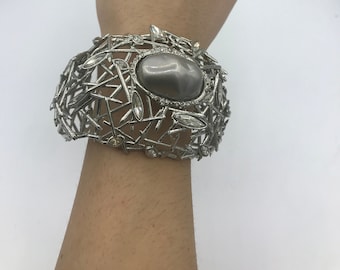 2000 Alexis Bittar (unsigned) Sculptural oversized cuff, silver tone , Pearl centerpiece, pave crystals