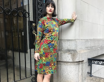 60's Rare Emilio Pucci for Lord & Taylor, very unique wool dress, green, blue, red, yellow, orange, fitted dress, vintage dress