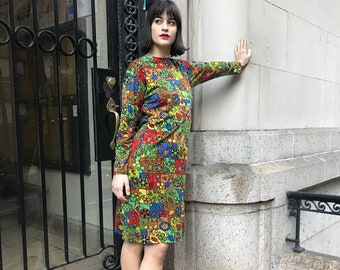 60's Rare Emilio Pucci for Lord & Taylor, very unique wool dress, green, blue, red, yellow, orange, fitted dress, vintage dress