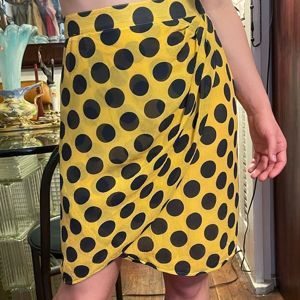 80s Ungaro Skirt.  Made In Italy, yellow and black polka dot silk chiffon skirt, Wrap-Around With Front Pleated Look