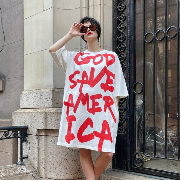 80's GOD SAVE AMERICA" by R13 large vintage white cotton tee dress, punk- and grunge-infused, gothic rock