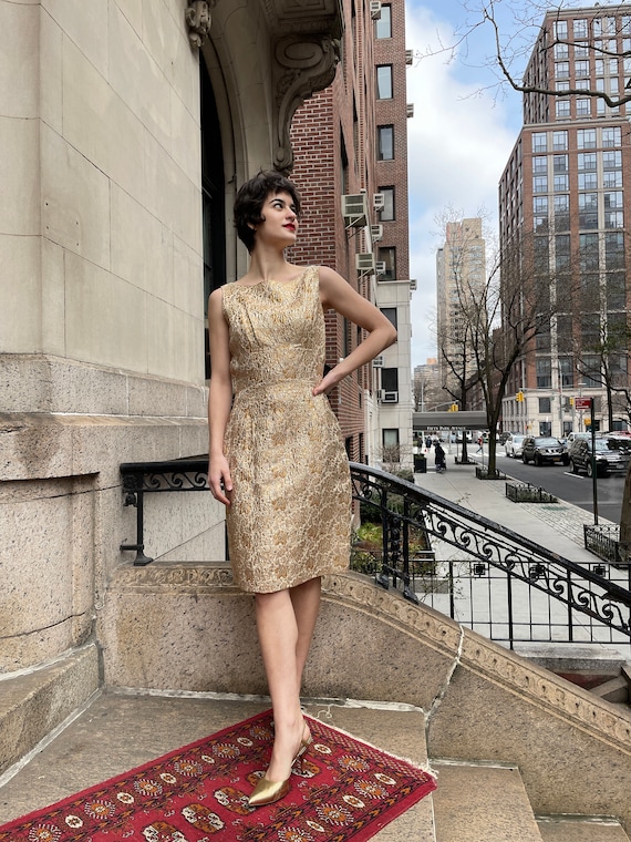 60's brocade gold sleeveless dress, floral pattern