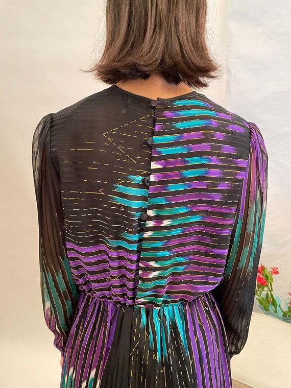 80's Hanae Mori black/purple/blue long sleeve dre… - image 6