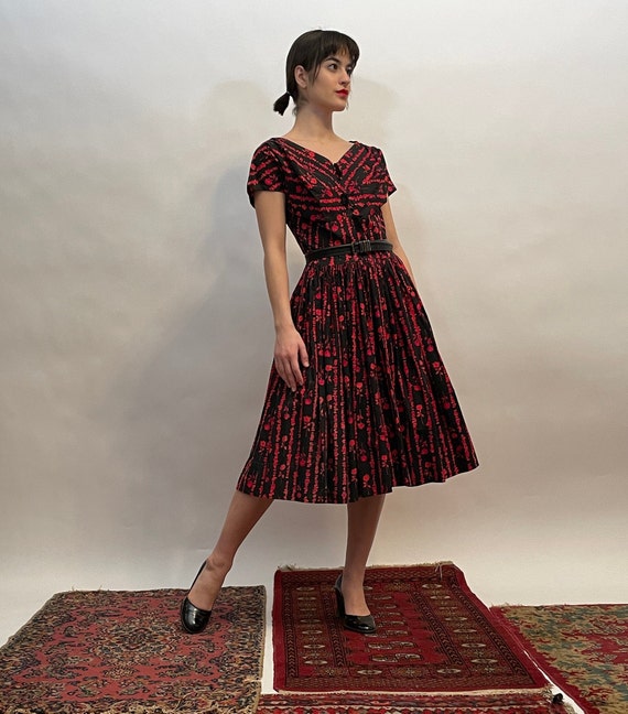 40's/50's black and red rose cotton dress, dolman… - image 4