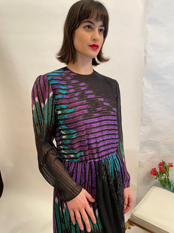 80's Hanae Mori black/purple/blue long sleeve dre… - image 5