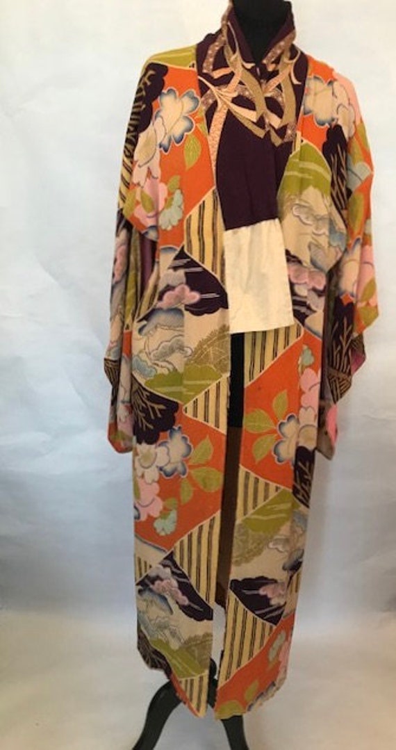 30’s Deco Silk Crepe Cotton-lined Kimono