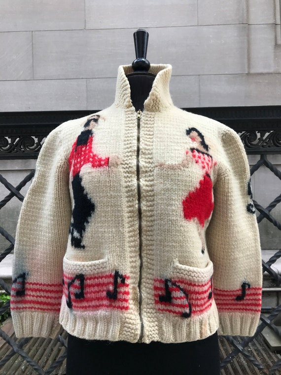 50's hand knitted sweater w/ musical notes