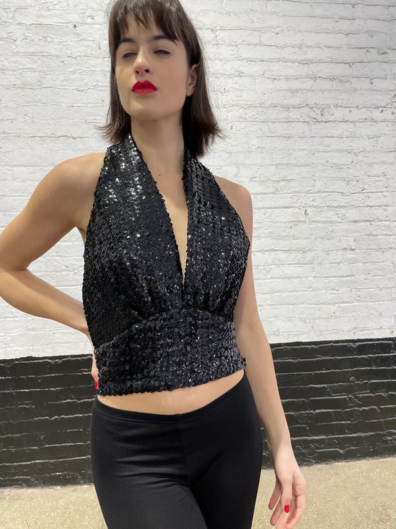60s black sequin halter top, very sexy and glamor - image 1