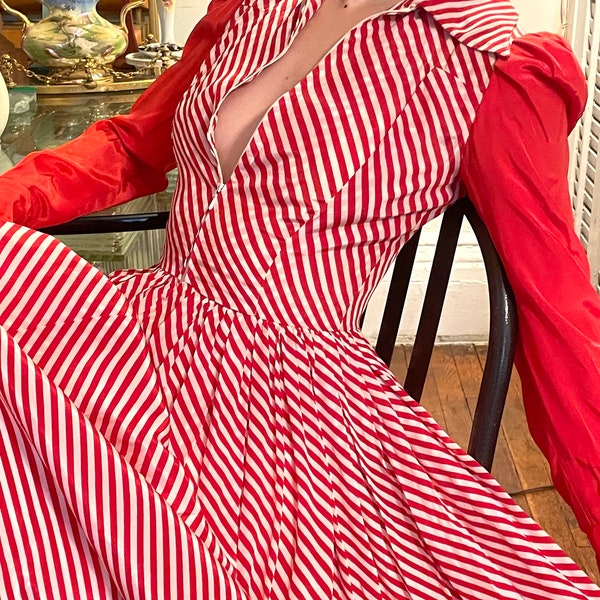 70s Jean Patou maxi dress.  red and white Stripes maxi dress Wonderful, chic, Fit and flair long skirt