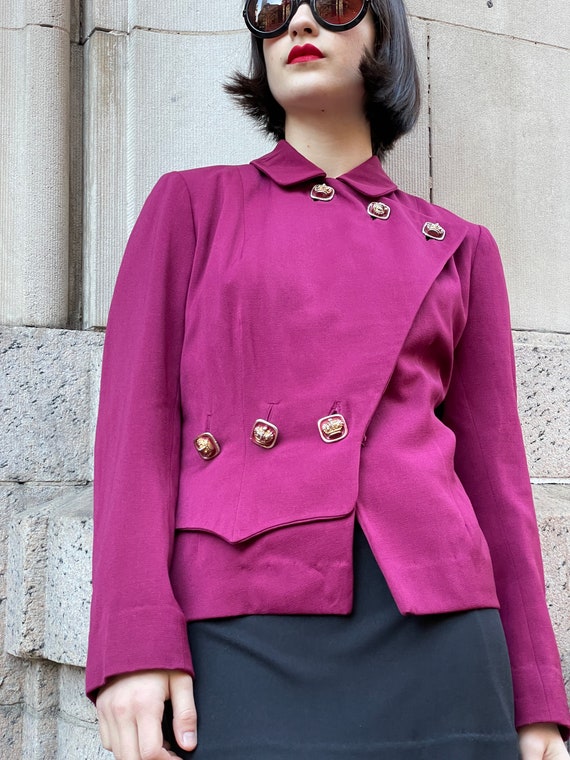 40's Gaberdine fuchsia jacket,  overlapping, w/ 3… - image 1