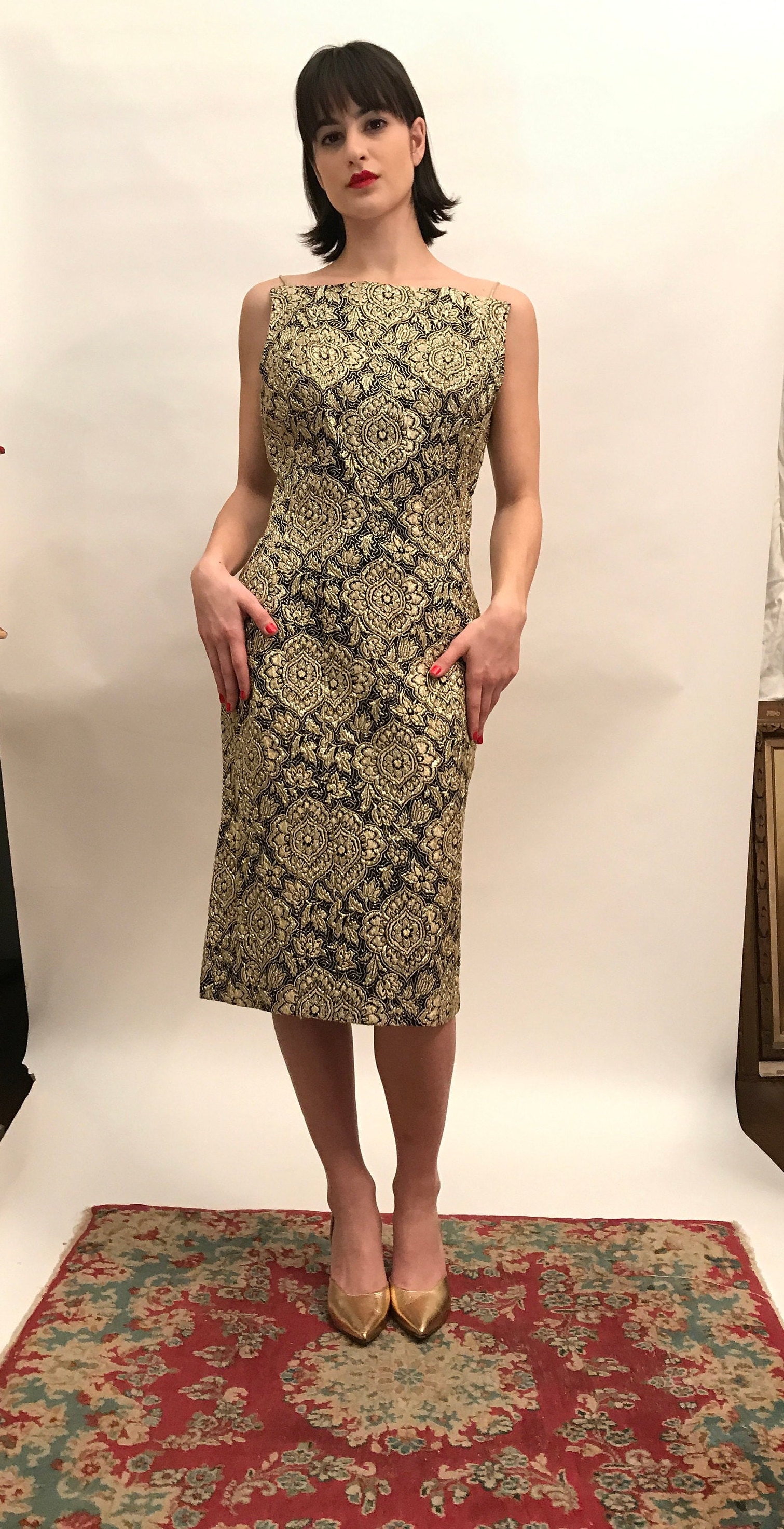 50s Brocade Gold and Black Spaghetti Strap Dress, Flowers Patterns Design,  Square Neckline, Open Back, Sexy and Beautiful - Etsy