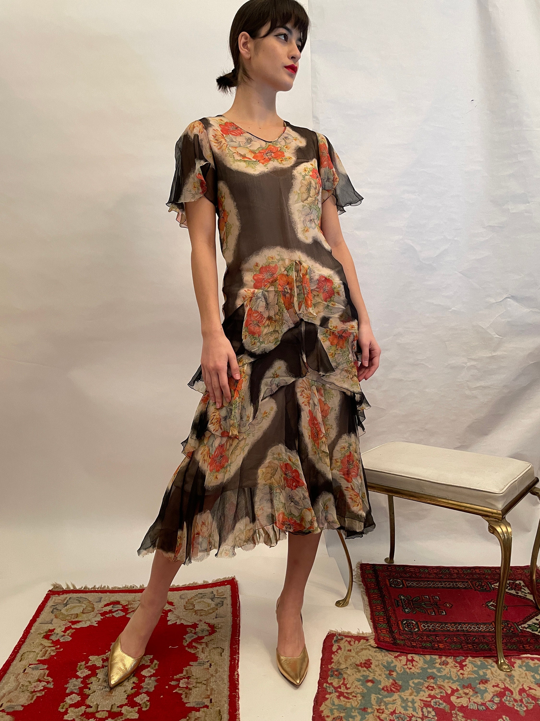 30s chiffon dress with black pink and red flowers and ruffles, V neckline, veil sleeves. fully lined.